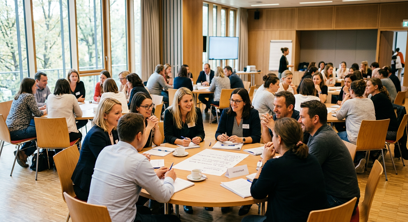Etwa 30 Mitarbeitende aus Kitas sitzen in kleinen Gruppen zusammen und tauschen sich aus. Die Teilnehmenden diskutieren miteinander, hören zu und teilen ihre Erfahrungen. Das Treffen findet in einem hellen Tagungsraum statt.