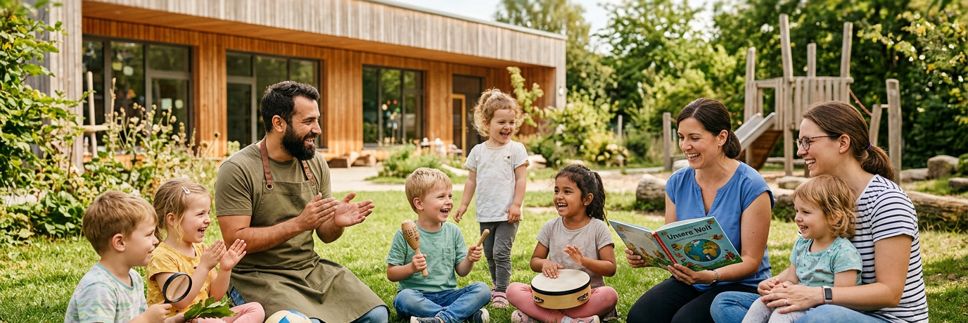 Eine Gruppe von Kindern und pädagogischen Fachkräften sitzt gemeinsam im Garten einer Kindertageseinrichtung.