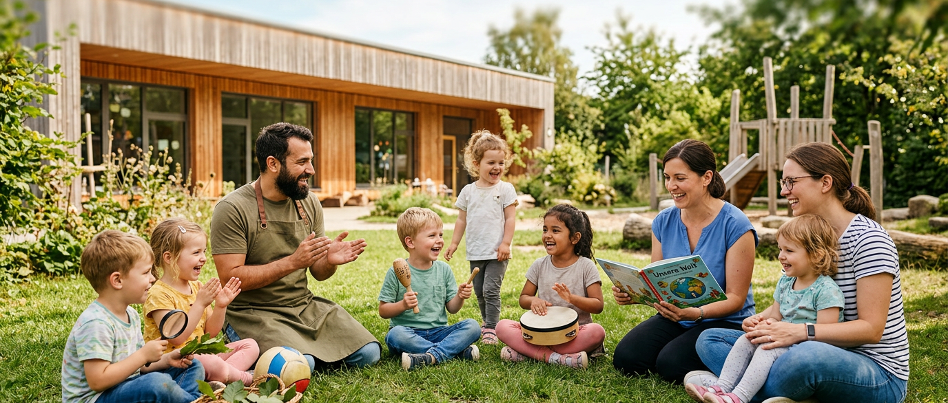 Eine Gruppe von Kindern und pädagogischen Fachkräften sitzt gemeinsam im Garten einer Kindertageseinrichtung.