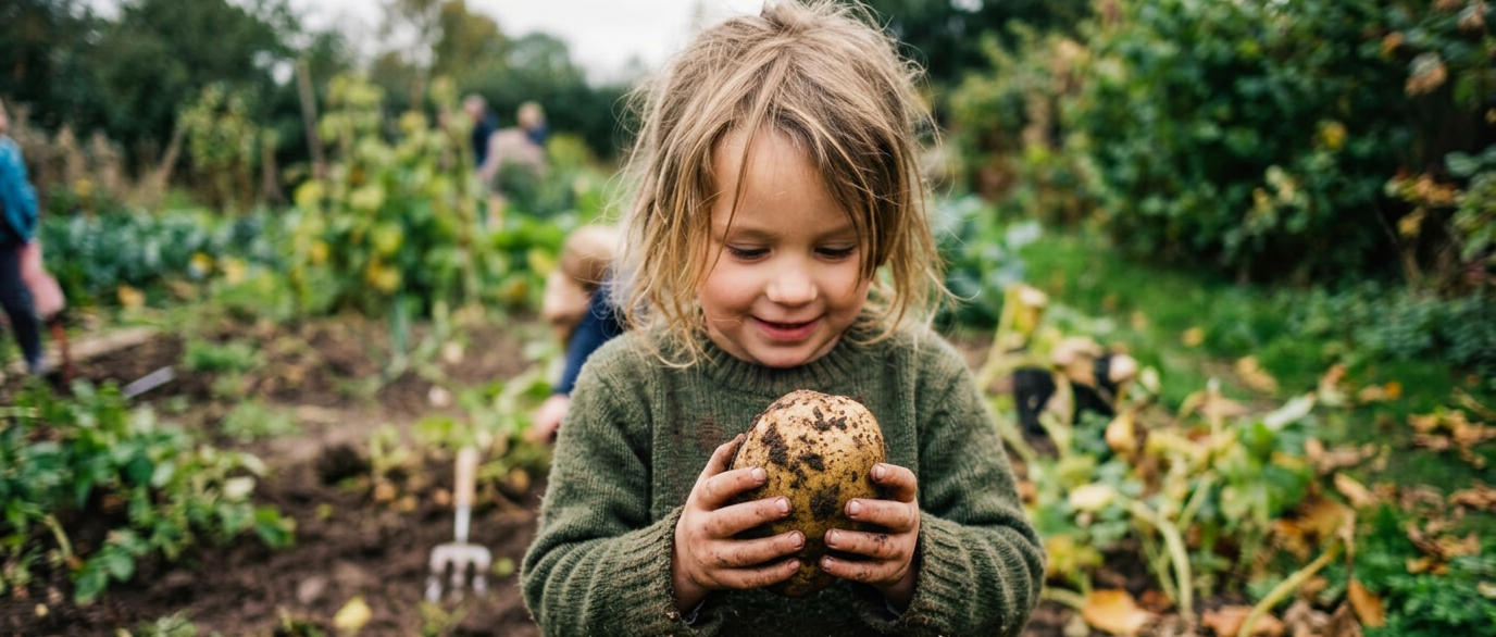 Erntedank Kind steht in einem Garten und hält eine Kartoffel in der Hand.