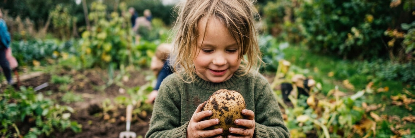 Kind steht in einem Garten und hält eine Kartoffel in der Hand.