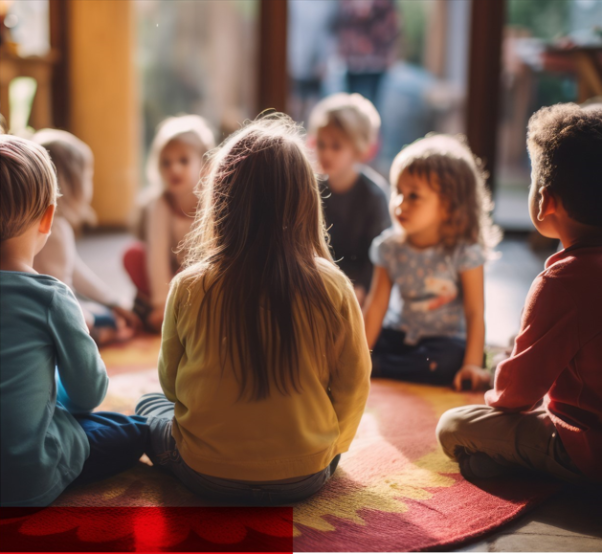 Eine Gruppe von Kindern sitzt in einem Kreis auf einem bunten Teppich.