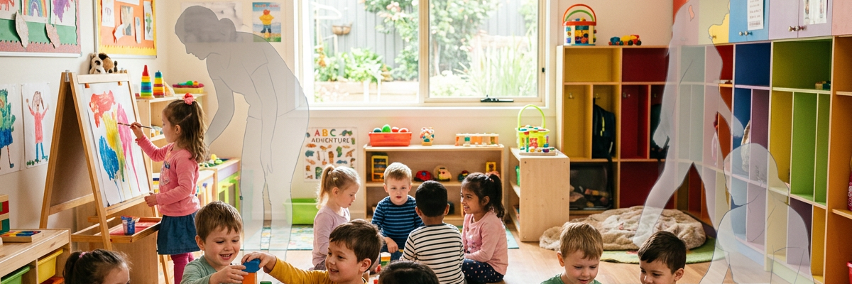Ein Gruppenraum, in dem viele Kinder spielen – aber Schatten oder Silhouetten zeigen, dass „Hände fehlen“.