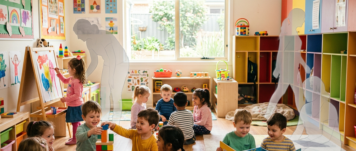 Ein Gruppenraum, in dem viele Kinder spielen – aber Schatten oder Silhouetten zeigen, dass „Hände fehlen“.
