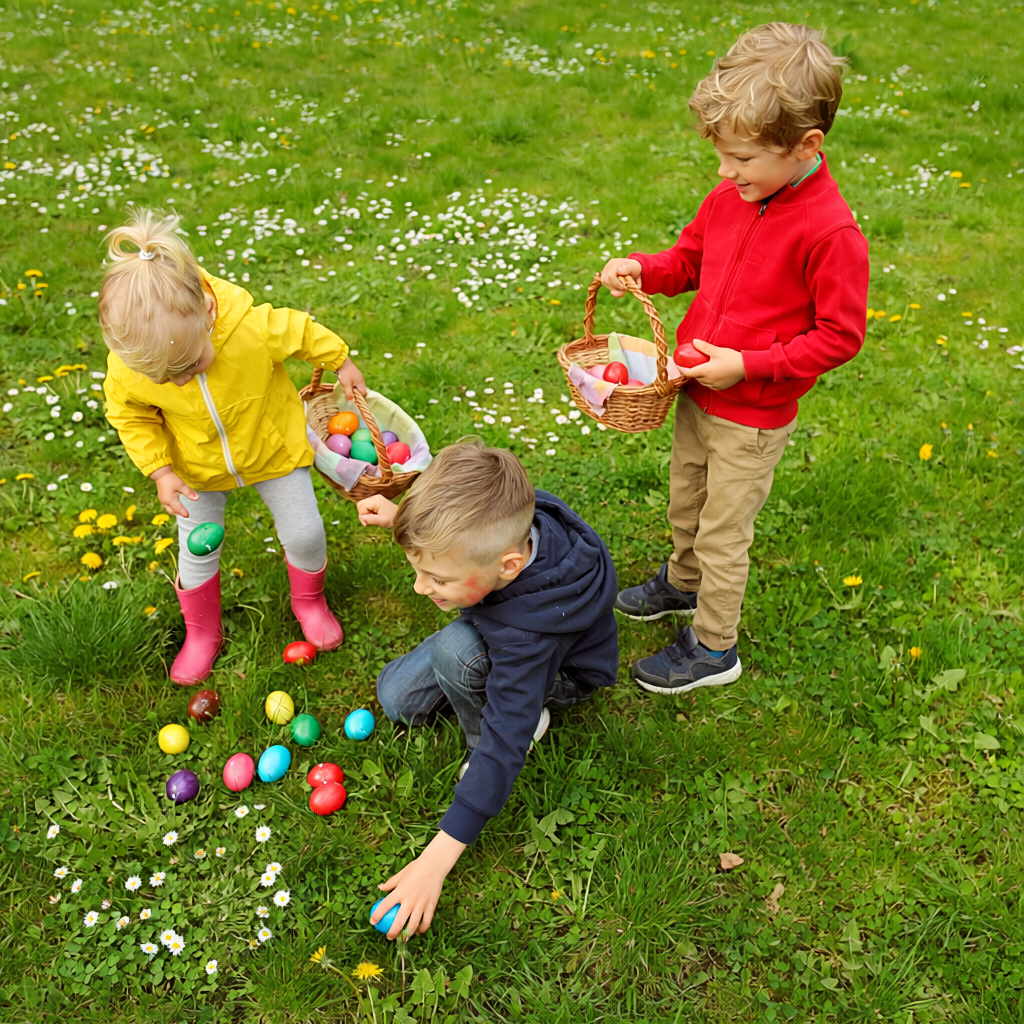 Kinder suchen bunte Ostereier.