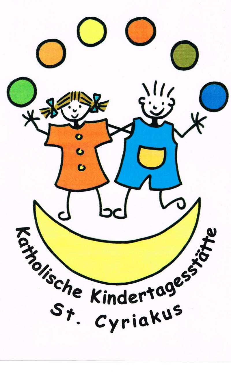 Logo von Kindertagesstätte mit zwei bunt gezeichneten Kindern in der Mitte, darunter Name der Kita, oben bunte ausgemalte Punkte