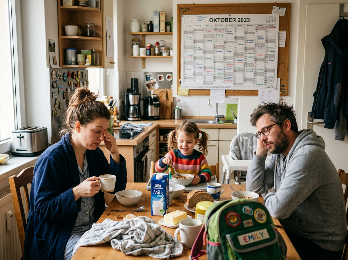 Eine Familie am Morgen: Eltern mit müden Gesichtern, ein Kind mit Kita‑Rucksack, im Hintergrund ein überfüllter Terminkalender.