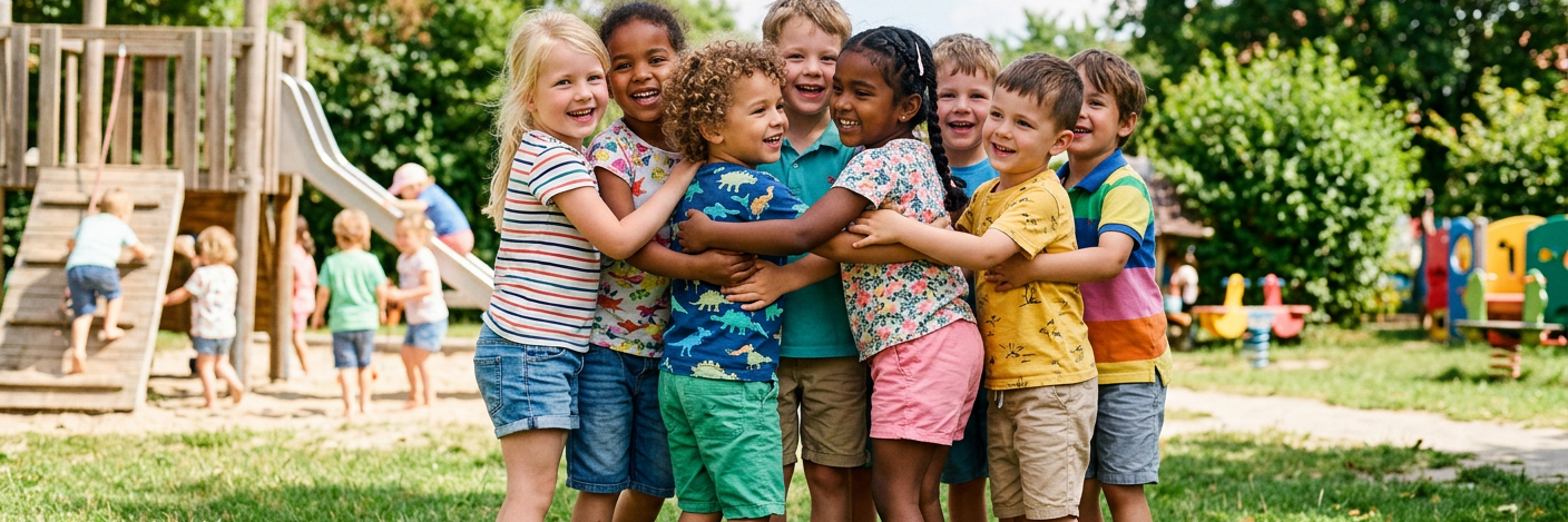 Eine Gruppe von Kindern im Kindergartenalter, die sich in den Armen halten.