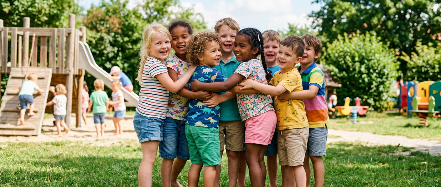 Eine Gruppe von Kindern im Kindergartenalter, die sich in den Armen halten.