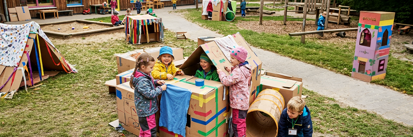 Ein Kita-Garten voller Kartons, Stoffreste, Klebeband. Kinder bauen Häuser, Tunnel, Fahrzeuge.