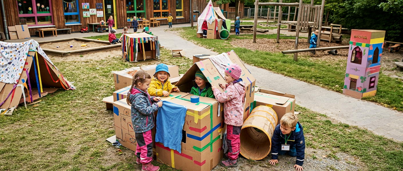 Ein Kita-Garten voller Kartons, Stoffreste, Klebeband. Kinder bauen Häuser, Tunnel, Fahrzeuge.