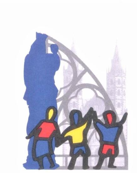 3 bunt gezeichnete Kinder im Hintergrund ein Dom in schwarz-weiss, links im Hintergrund Schatten einer Figur