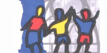 3 bunt gezeichnete Kinder im Hintergrund ein Dom in schwarz-weiss, links im Hintergrund Schatten einer Figur