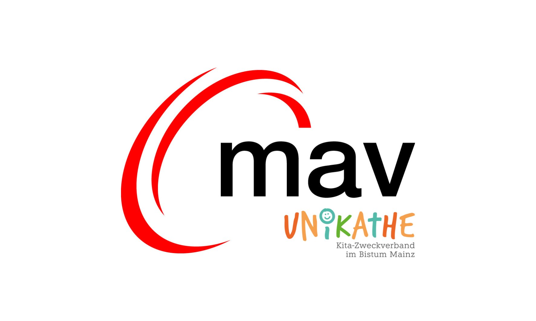Das Logo zeigt den Schriftzug „mav“ in Schwarz mit zwei roten Schwunglinien darüber. Darunter steht „UNIKATHE“ in bunten, individuell gestalteten Buchstaben, gefolgt von dem Zusatz „Kita-Zweckverband im Bistum Mainz“.
