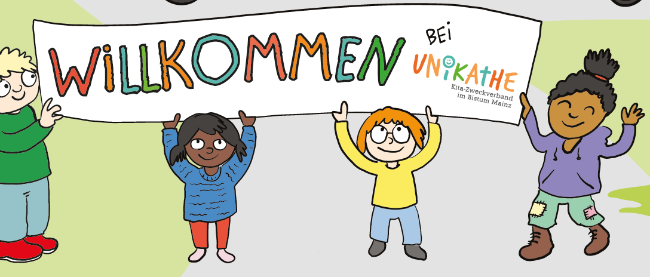 Illustration von Kindern mit einem Unikathe-Willkommensschild