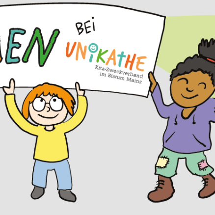 Illustration von Kindern mit einem Unikathe-Willkommensschild