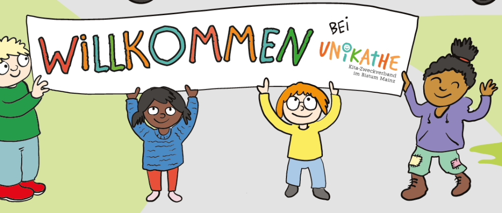 Illustration von Kindern mit einem Unikathe-Willkommensschild