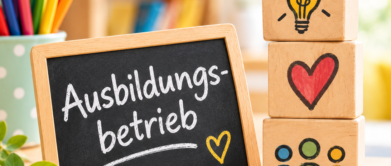 Schild mit dem Wort Ausbildungsbetrieb und Bausteine