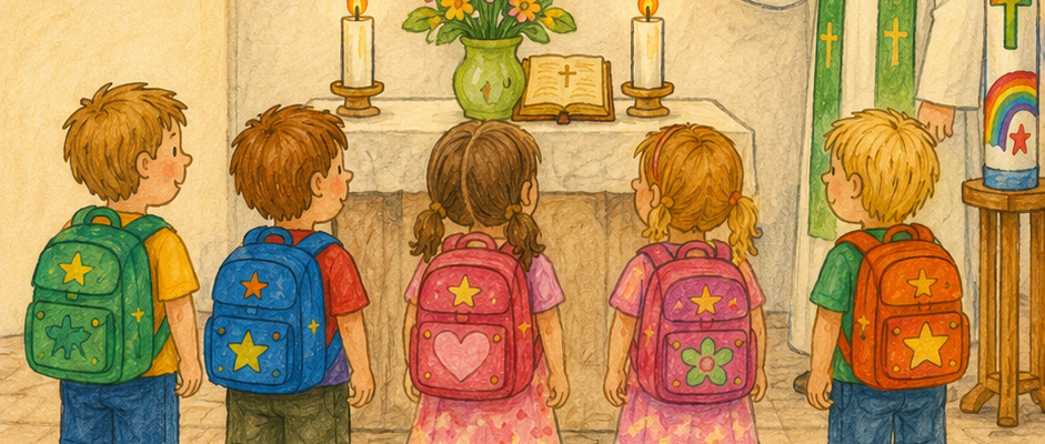 KI generiert: Kinder werden in der Kirche gesegnet.