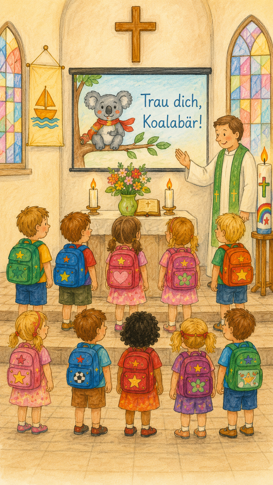 KI generiert: Kinder werden in der Kirche gesegnet.