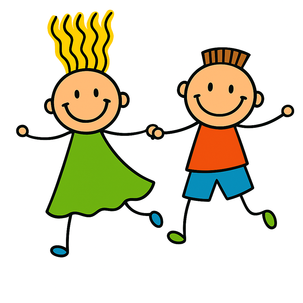 Die Zeichnung zeigt zwei fröhliche Figuren im typischen Strichmännchen-Stil: ein Mädchen und einen Jungen. Das Mädchen trägt ein lila Kleid und hat lange, nach oben stehende gelbe Haare. Ihre Haltung wirkt beschwingt, als würde sie tanzen oder hüpfen. Der Junge trägt ein rotes T‑Shirt und blaue Shorts. Er hält das Mädchen an der Hand, während beide in Bewegung zu sein scheinen.
