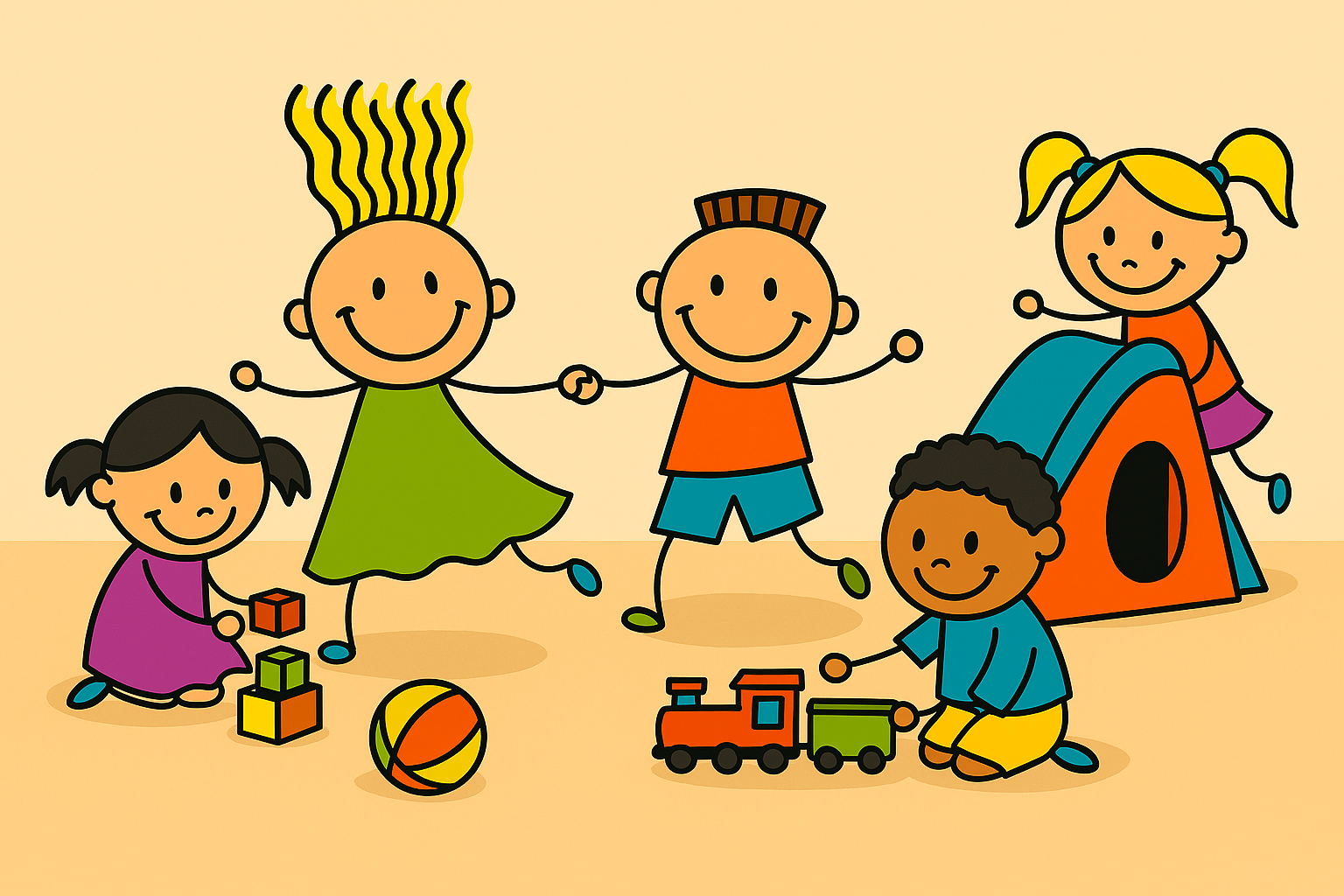 Kinder spielen im Kindergarten, das Bild in Cartoon-Form