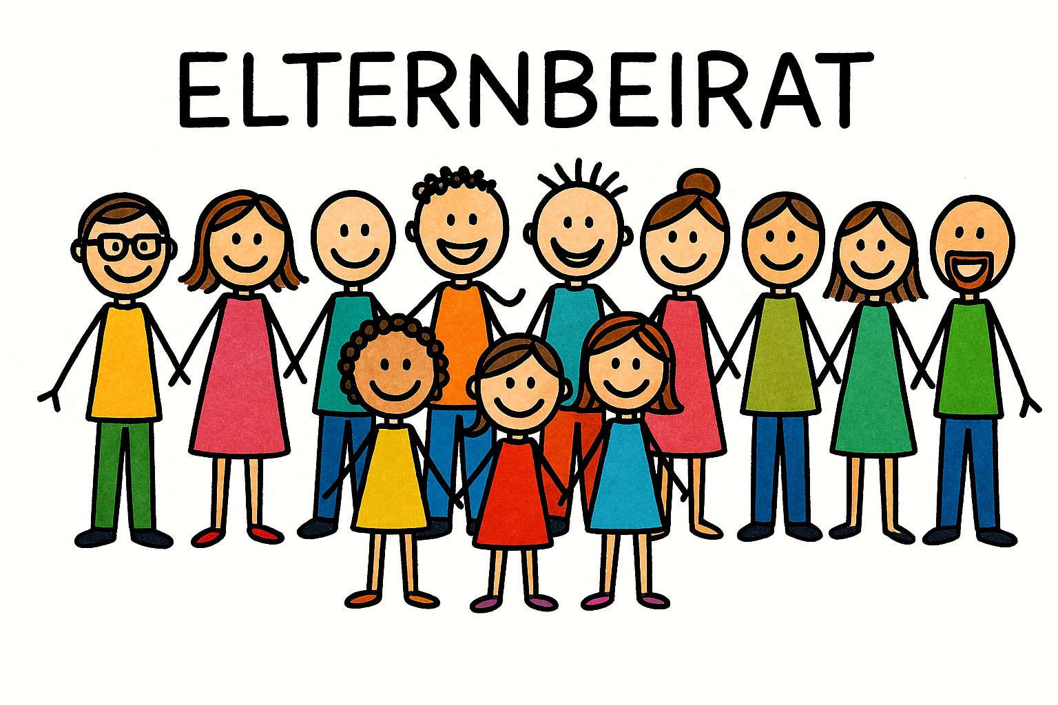 Strichmännchenbild Elternbeirat, 12 Männchen bunt
