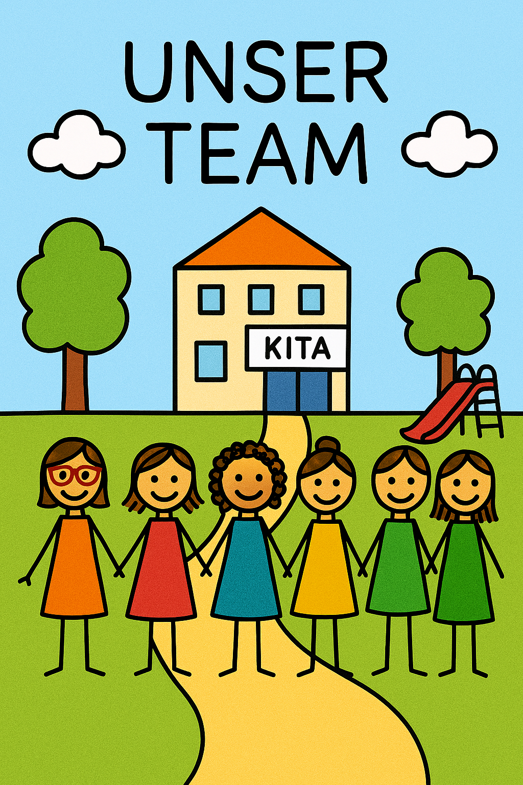 Strichmännchenbild, Kitateam, 5 Frauen, bunt