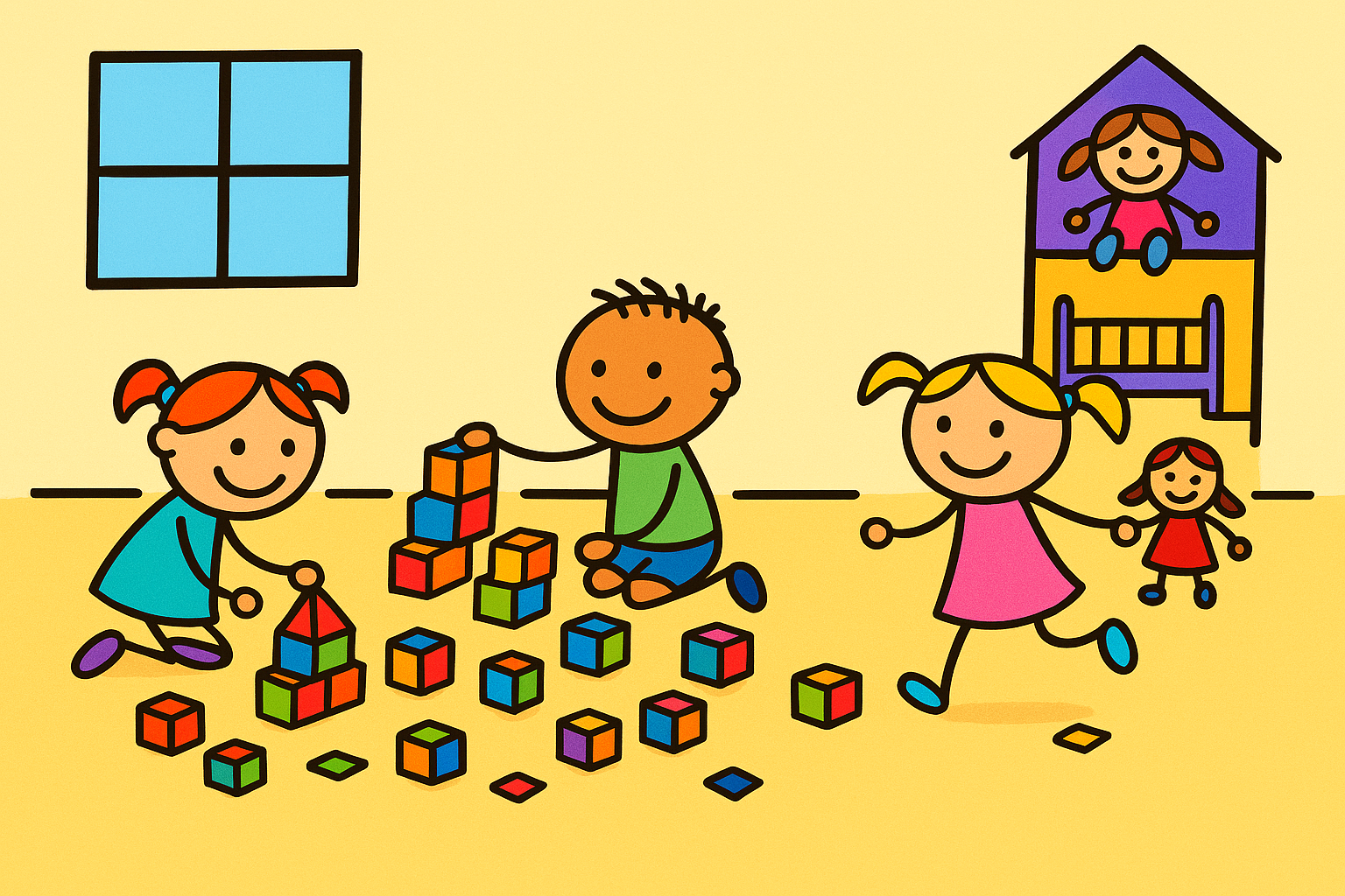 spielende Kinder, Bausteine, Puppenecke