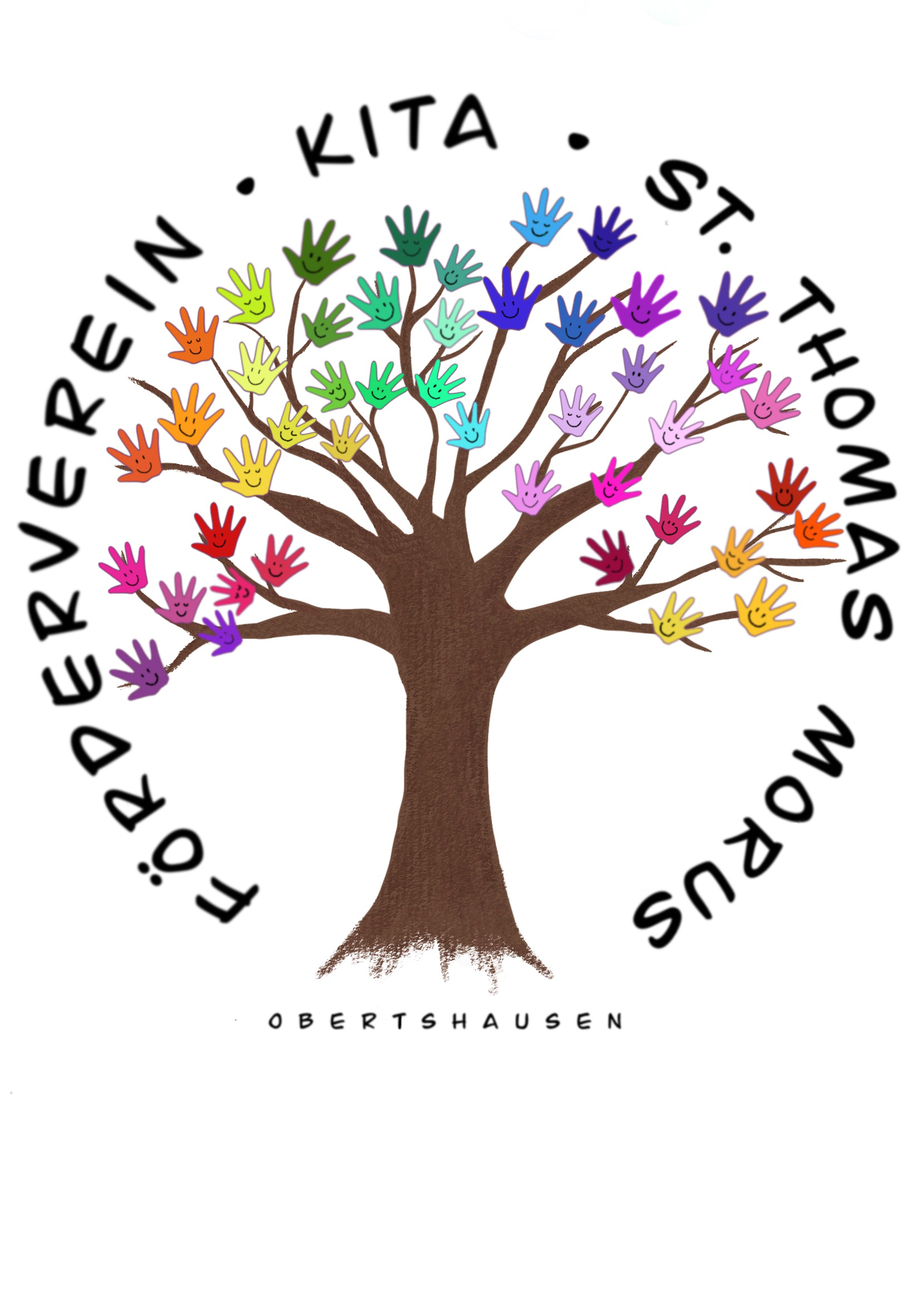Förderverein Kita St.Thomas Morus Obertshausen 2026 LOGO NEU ein Baum mit bunten Handabdrucken anstatt Blätter
